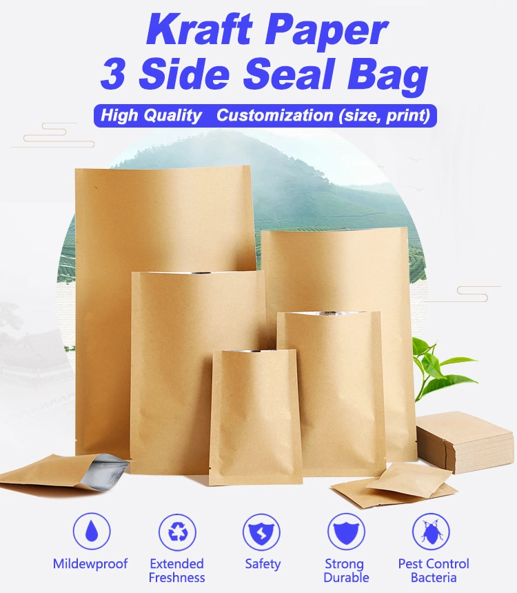 Custom Design Brown 3 Side Heat Seal Open Top Flat Bottom Aluminum Foil Coated Kraft Paper Food Storage Bag