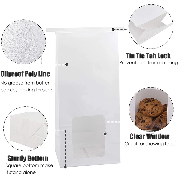 Laminated Poly Liner Bakery Tin Tie Kraft Paper Ziplock Bags with Window