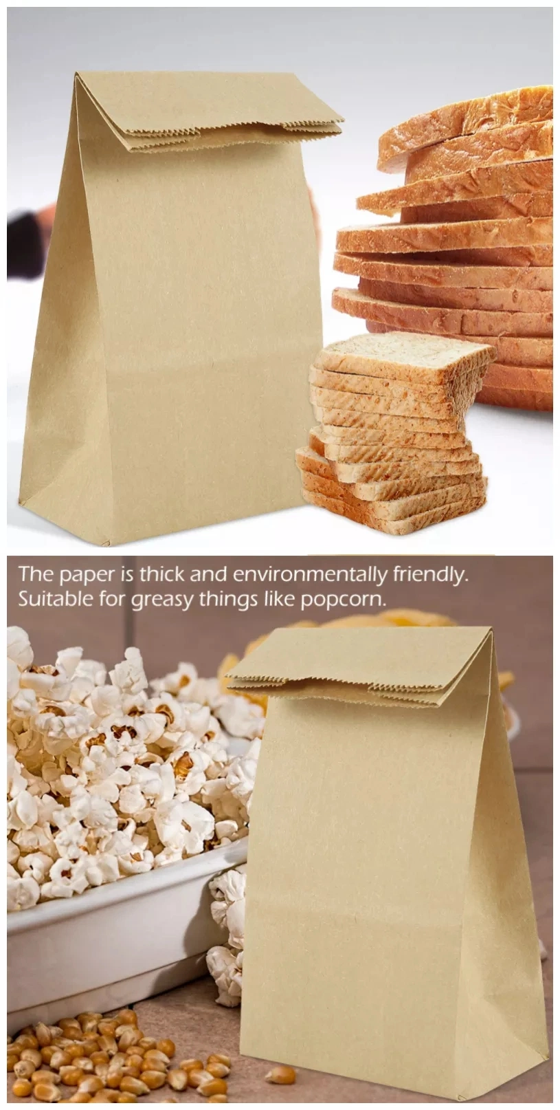 Custom Takeaway Food Packaging Flat Square Bottom Grease Proof Brown Kraft Paper Bags Handle Brown Kraft Paper Bag with No Handle