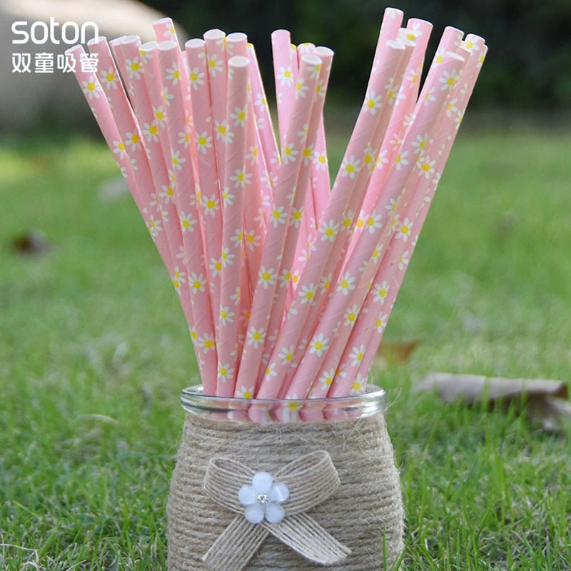 Party Disposable Biodegradable Pink Daisy Paper Straw