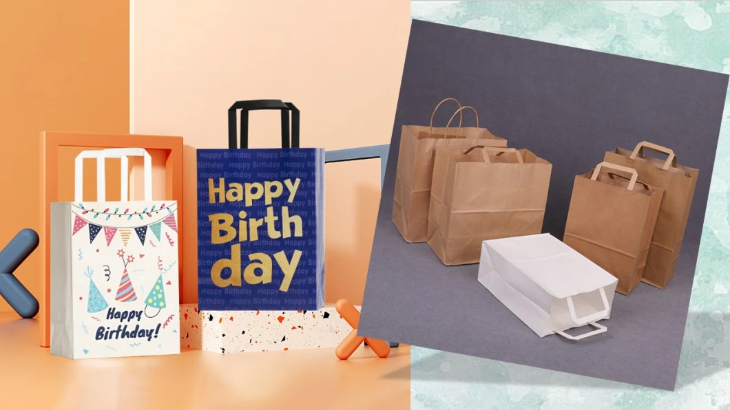 Customized Gift Small or Big Fashion Food Packaging Paper Bags Biodegrable Flat Handle Kraft Paper Bags