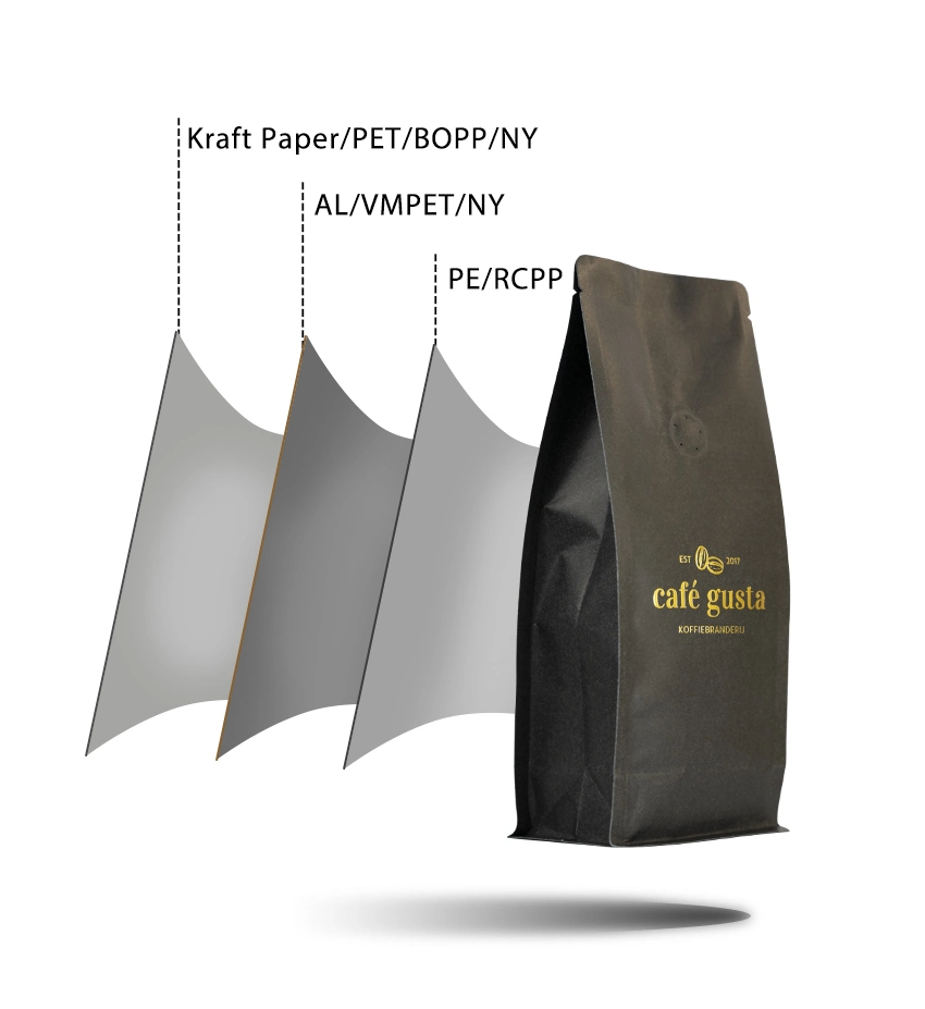 Custom Printing Resealabele Aluminum Foil Lined 500g 1kg 2kg Lock Matt Black Flat Bottom Coffee Been Packaging Bag with Valve