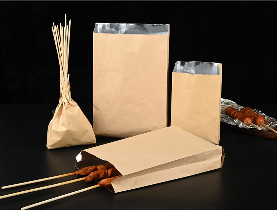 Aluminum Foil Bags Alu Foil Lined Paper Bags Oil-Proof Aluminium Laminated Kraft Paper Bag for Barbecue Fried Skewer Chicken Roasted Snacks Food with Oil