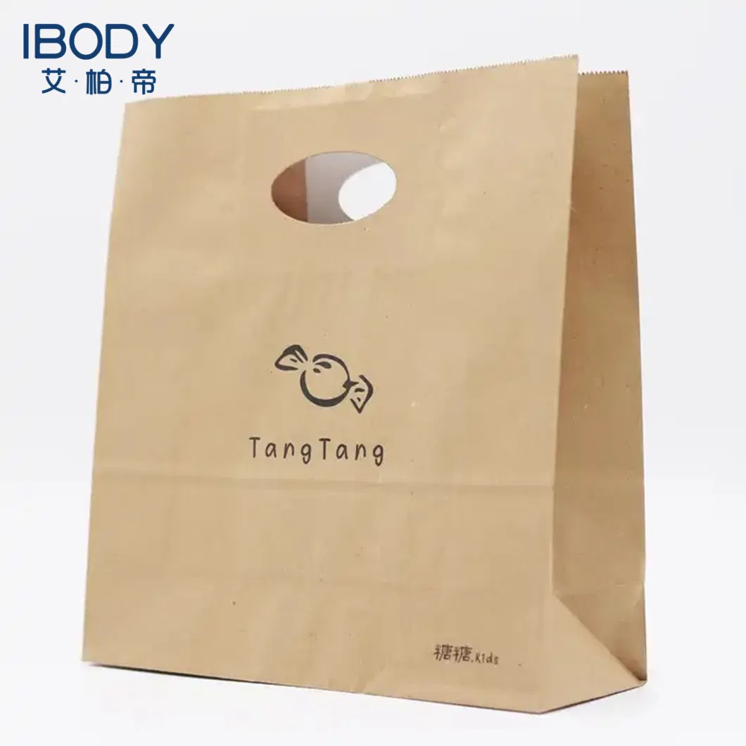 China Factory Food Takeaway Packaging Brown Kraft Paper Bag with Die-Cut Handle
